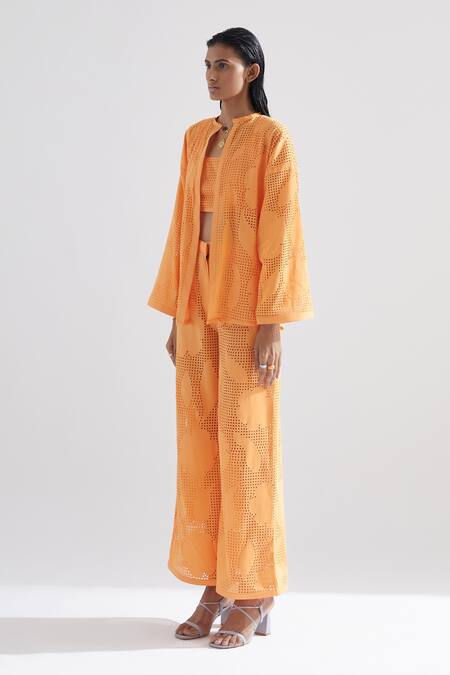 Echostudio Orange Cotton Satin Floral Round Poppy Jacket Online at Aza Fashions Echostudio_Orange Cotton Satin Floral Round Poppy Jacket _Online_at_Aza_Fashions