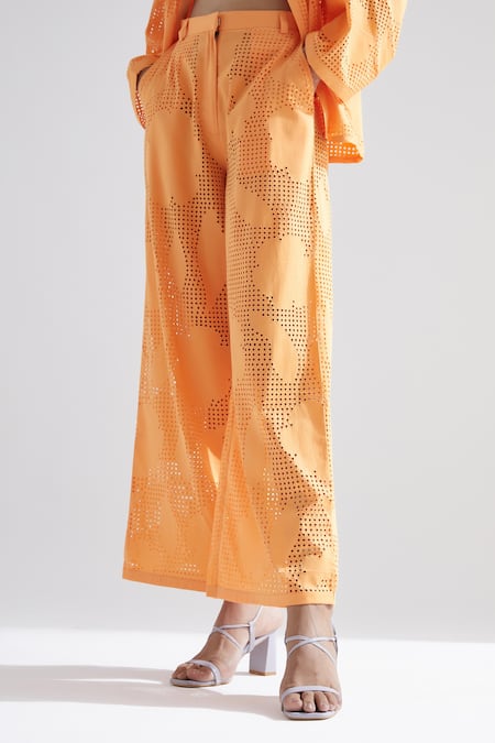 Buy_Echostudio_Orange Cotton Satin Floral Poppy Cut Work Pant _Online_at_Aza_Fashions