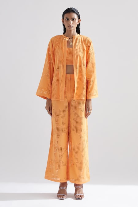 Shop_Echostudio_Orange Cotton Satin Floral Poppy Cut Work Pant _Online_at_Aza_Fashions