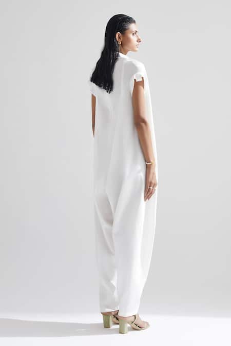 Shop Echostudio White Cotton Solid V Neck Lily Jumpsuit at Aza Fashions Shop_Echostudio_White Cotton Solid V Neck Lily Jumpsuit _at_Aza_Fashions