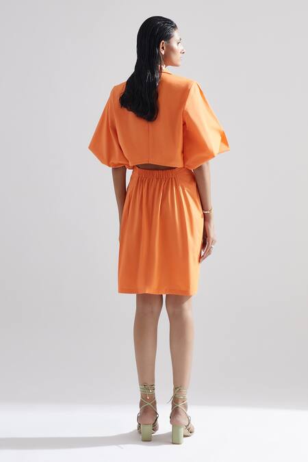 Shop Echostudio Orange Cotton Solid Straight Collar Tulip Dress at Aza Fashions Shop_Echostudio_Orange Cotton Solid Straight Collar Tulip Dress _at_Aza_Fashions