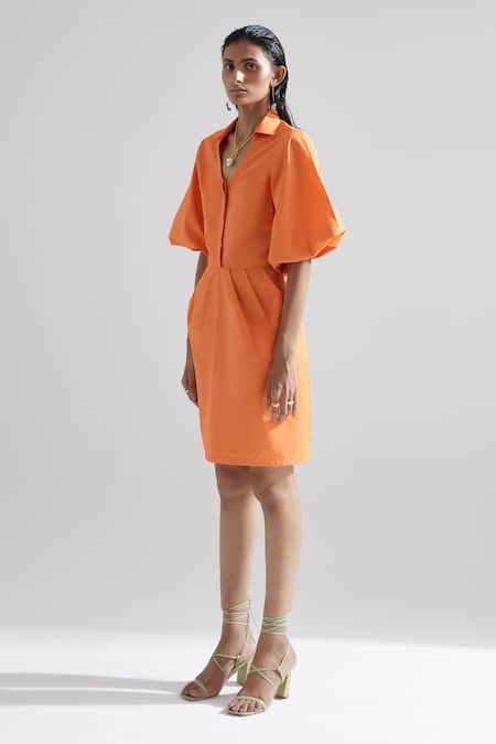 Buy Orange Cotton Plain Solid Straight Collar Tulip Dress For