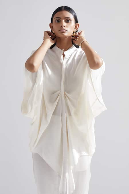 Shop_Echostudio_White Silk Solid Mandarin Collar Madonna Lily Top _Online_at_Aza_Fashions