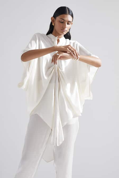 Echostudio_White Silk Solid Mandarin Collar Madonna Lily Top _at_Aza_Fashions