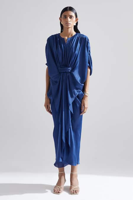 Echostudio_Blue Satin Solid Round Notched Iris Draped Dress _Online_at_Aza_Fashions