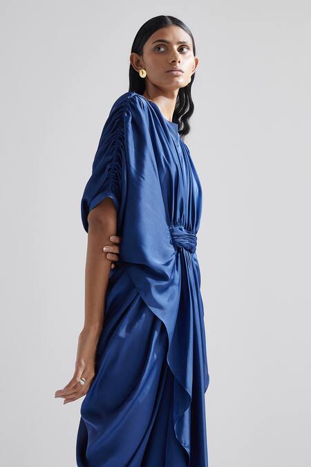 Buy_Echostudio_Blue Satin Solid Round Notched Iris Draped Dress _Online_at_Aza_Fashions