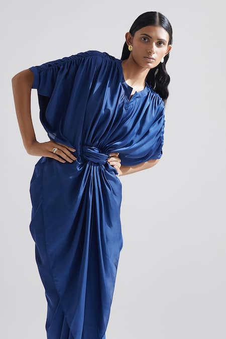 Shop_Echostudio_Blue Satin Solid Round Notched Iris Draped Dress _Online_at_Aza_Fashions