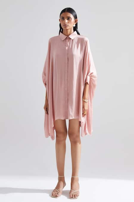 Echostudio_Pink Hammered Satin Solid Straight Collar Lotus Dress _Online_at_Aza_Fashions