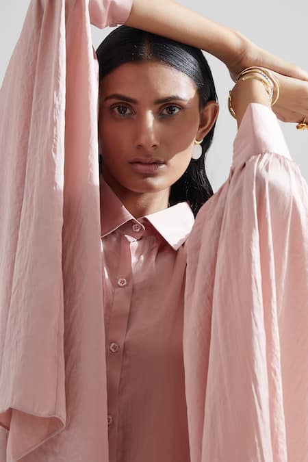 Buy_Echostudio_Pink Hammered Satin Solid Straight Collar Lotus Dress _Online_at_Aza_Fashions