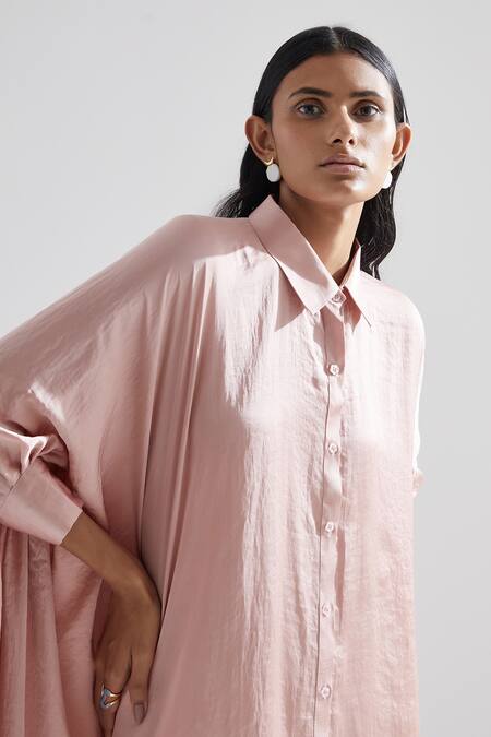 Shop_Echostudio_Pink Hammered Satin Solid Straight Collar Lotus Dress _Online_at_Aza_Fashions