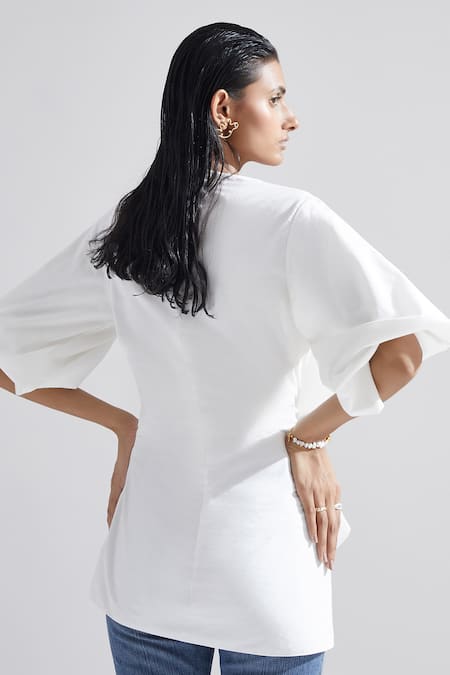 Shop Echostudio White Cotton Solid V Neck Gardenia Top at Aza Fashions Shop_Echostudio_White Cotton Solid V Neck Gardenia Top _at_Aza_Fashions