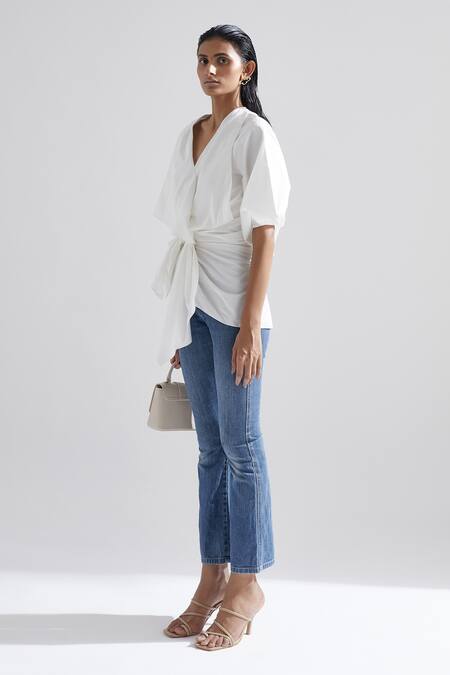 Echostudio White Cotton Solid V Neck Gardenia Top Online at Aza Fashions Echostudio_White Cotton Solid V Neck Gardenia Top _Online_at_Aza_Fashions