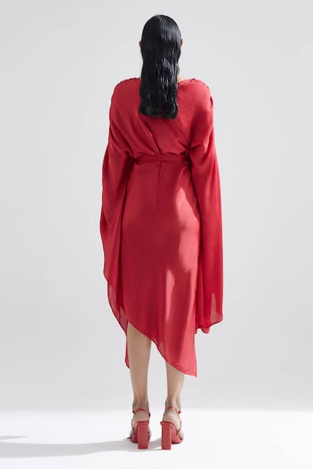 Shop Echostudio Red Hammered Satin Solid V Neck Peony Draped Dress at Aza Fashions Shop_Echostudio_Red Hammered Satin Solid V Neck Peony Draped Dress _at_Aza_Fashions