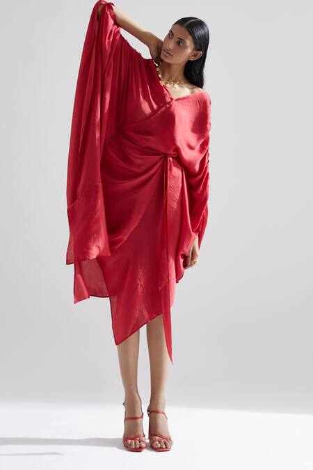 Buy Echostudio Red Hammered Satin Solid V Neck Peony Draped Dress Online at Aza Fashions Buy_Echostudio_Red Hammered Satin Solid V Neck Peony Draped Dress _Online_at_Aza_Fashions