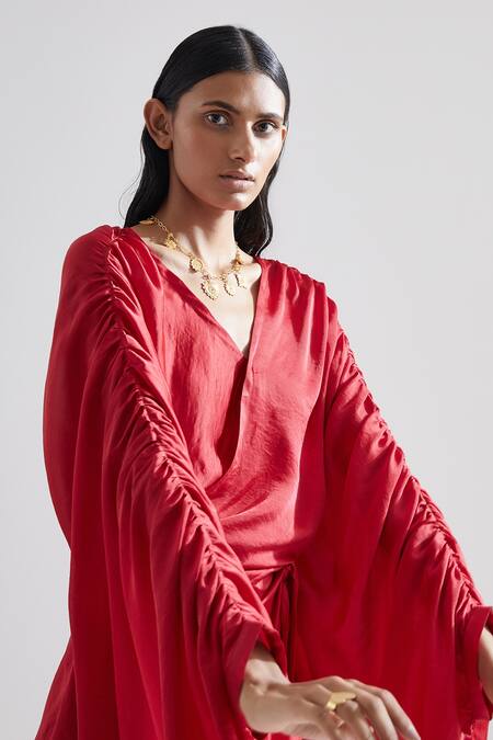 Echostudio Red Hammered Satin Solid V Neck Peony Draped Dress at Aza Fashions Echostudio_Red Hammered Satin Solid V Neck Peony Draped Dress _at_Aza_Fashions