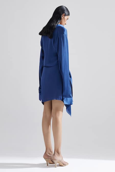 Shop Echostudio Blue Satin Orchid Front Knotted Skirt at Aza Fashions Shop_Echostudio_Blue Satin Orchid Front Knotted Skirt _at_Aza_Fashions