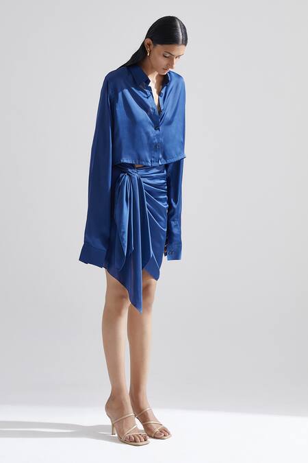 Echostudio Blue Satin Orchid Front Knotted Skirt Online at Aza Fashions Echostudio_Blue Satin Orchid Front Knotted Skirt _Online_at_Aza_Fashions