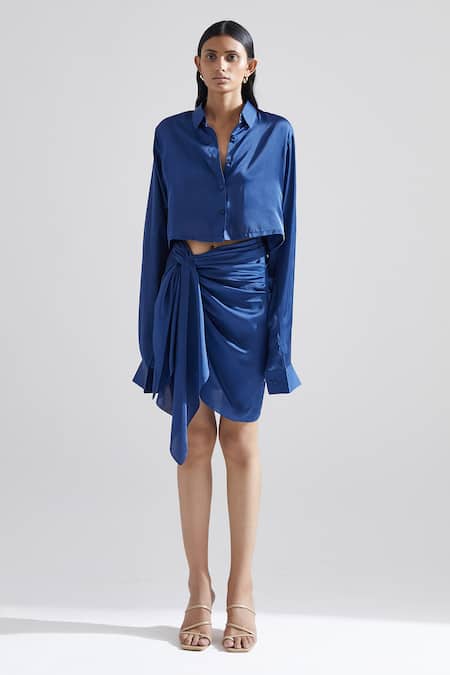 Buy Echostudio Blue Satin Orchid Front Knotted Skirt Online at Aza Fashions Buy_Echostudio_Blue Satin Orchid Front Knotted Skirt _Online_at_Aza_Fashions