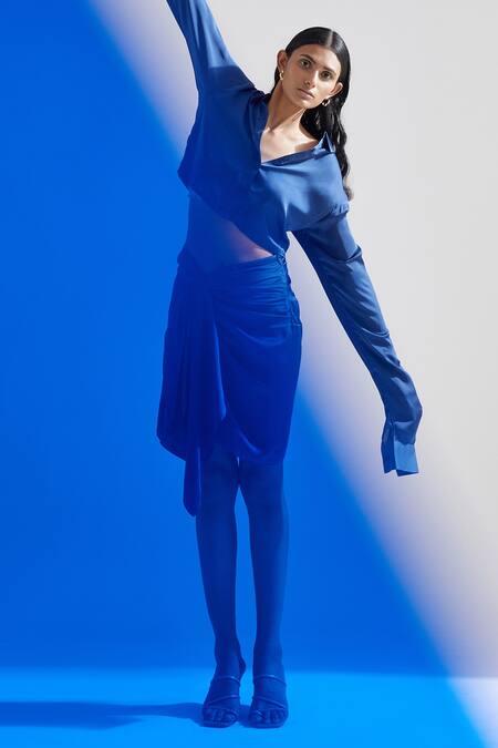 Shop Echostudio Blue Satin Orchid Front Knotted Skirt Online at Aza Fashions Shop_Echostudio_Blue Satin Orchid Front Knotted Skirt _Online_at_Aza_Fashions