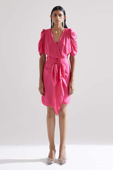 Buy_Echostudio_Pink Satin Solid V Neck Emani Lily Dress _Online_at_Aza_Fashions