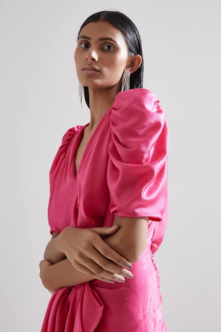Shop_Echostudio_Pink Satin Solid V Neck Emani Lily Dress _Online_at_Aza_Fashions