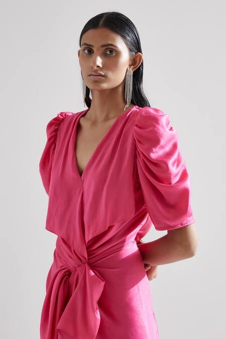 Echostudio_Pink Satin Solid V Neck Emani Lily Dress _at_Aza_Fashions