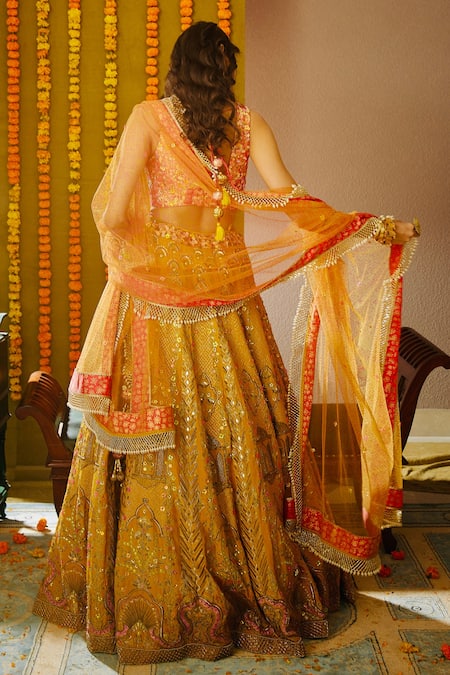 Shop_Moledro_Yellow Organza, Crepe, Silk Twill Sequins, Arzoo Embroidered Bridal Lehenga Set _at_Aza_Fashions