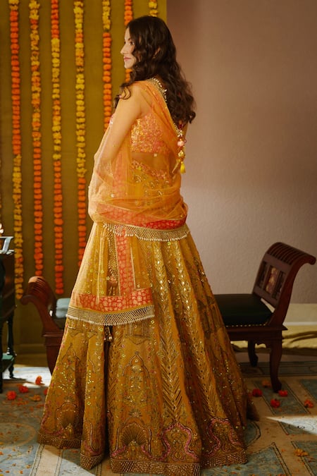 Moledro_Yellow Organza, Crepe, Silk Twill Sequins, Arzoo Embroidered Bridal Lehenga Set _Online_at_Aza_Fashions