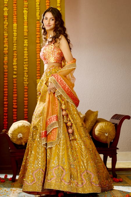 Buy_Moledro_Yellow Organza, Crepe, Silk Twill Sequins, Arzoo Embroidered Bridal Lehenga Set _Online_at_Aza_Fashions