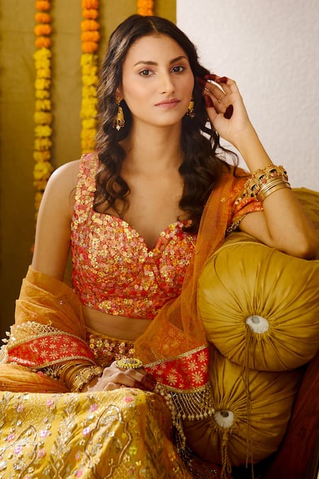Shop_Moledro_Yellow Organza, Crepe, Silk Twill Sequins, Arzoo Embroidered Bridal Lehenga Set _Online_at_Aza_Fashions