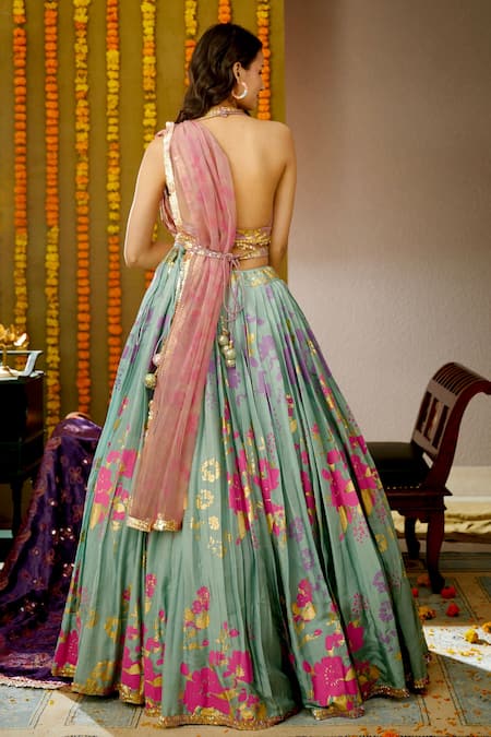 Shop Moledro Blue Net, Opada , Twill Beads V Neck Ula Printed Lehenga Set at Aza Fashions Shop_Moledro_Blue Net, Opada , Twill Beads V Neck Ula Printed Lehenga Set _at_Aza_Fashions