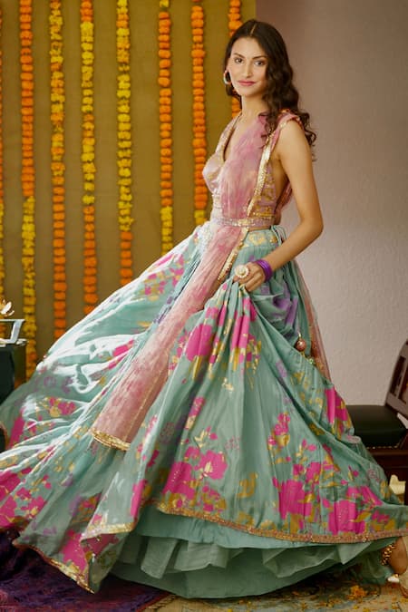 Buy Moledro Blue Net, Opada , Twill Beads V Neck Ula Printed Lehenga Set Online at Aza Fashions Buy_Moledro_Blue Net, Opada , Twill Beads V Neck Ula Printed Lehenga Set _Online_at_Aza_Fashions