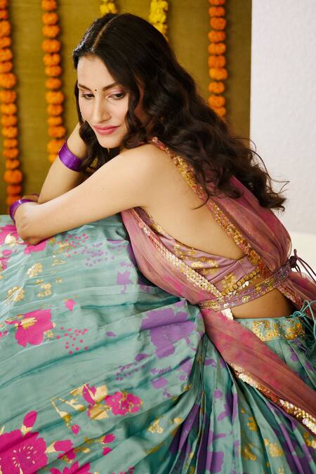 Moledro Blue Net, Opada , Twill Beads V Neck Ula Printed Lehenga Set at Aza Fashions Moledro_Blue Net, Opada , Twill Beads V Neck Ula Printed Lehenga Set _at_Aza_Fashions