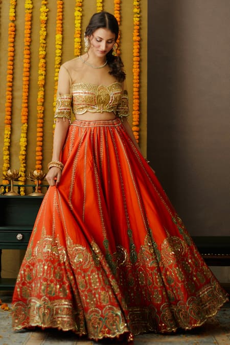 Shop Golden N Orange Banarasi Silk Zari Work Umbrella Lehenga Choli Festive  Wear Online at Best Price | Cbazaar