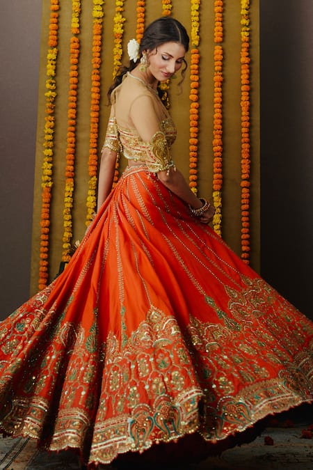Moledro_Orange , Net, Crepe, Twill Round Yara Embellished Bridal Lehenga Set_Online_at_Aza_Fashions