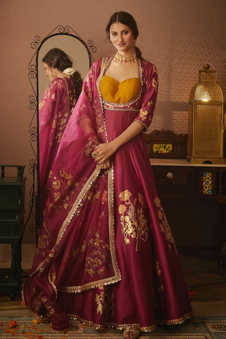 Moledro Pink Silk Chanderi Printed Floral Motifs Sweetheart Naira Anarkali And Dupatta 