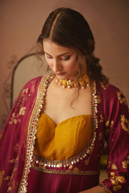 Buy_Moledro_Pink Organza, Silk Chanderi Floral Motifs Sweetheart Naira Anarkali And Dupatta_Online_at_Aza_Fashions