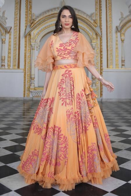 Moledro_Orange Organza, Crepe, Shantoon Floral Motifs V Neck Arshiya Print Lehenga Set_Online_at_Aza_Fashions
