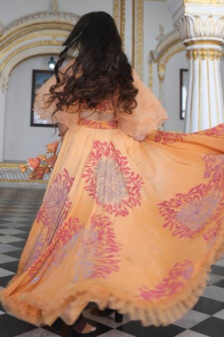 Shop_Moledro_Orange Organza, Crepe, Shantoon Floral Motifs V Neck Arshiya Print Lehenga Set_Online_at_Aza_Fashions