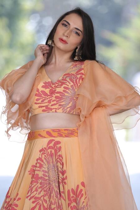 Moledro_Orange Organza, Crepe, Shantoon Floral Motifs V Neck Arshiya Print Lehenga Set_at_Aza_Fashions