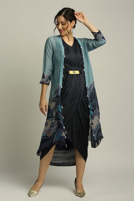 Soup by Sougat Paul Printed Jacket & Draped Dress Set 