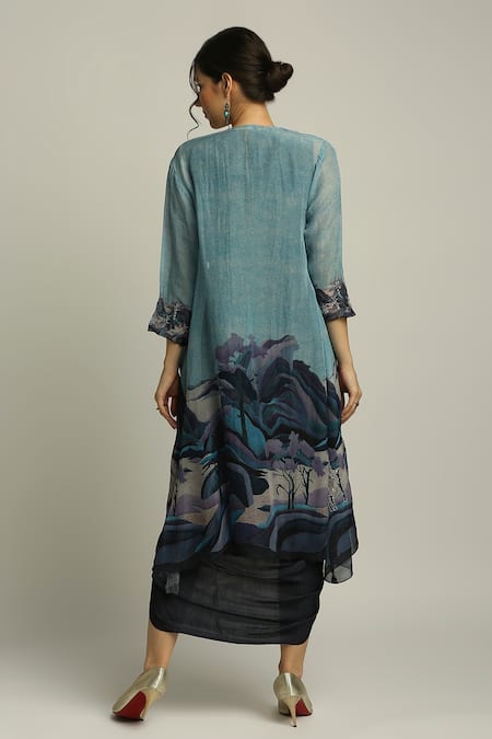 Shop Soup By Sougat Paul Blue Organza, Satin Landscape V Neck Printed Jacket And Draped Dress Set at Aza Fashions Shop_Soup By Sougat Paul_Blue Organza, Satin Landscape V Neck Printed Jacket And Draped Dress Set _at_Aza_Fashions