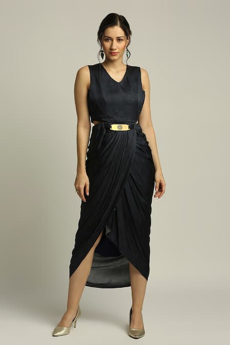 Soup By Sougat Paul Blue Organza, Satin Landscape V Neck Printed Jacket And Draped Dress Set Online at Aza Fashions Soup By Sougat Paul_Blue Organza, Satin Landscape V Neck Printed Jacket And Draped Dress Set _Online_at_Aza_Fashions