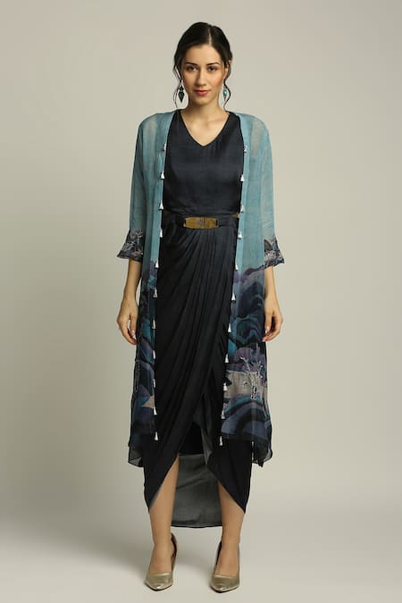Buy Soup By Sougat Paul Blue Organza, Satin Landscape V Neck Printed Jacket And Draped Dress Set Online at Aza Fashions Buy_Soup By Sougat Paul_Blue Organza, Satin Landscape V Neck Printed Jacket And Draped Dress Set _Online_at_Aza_Fashions