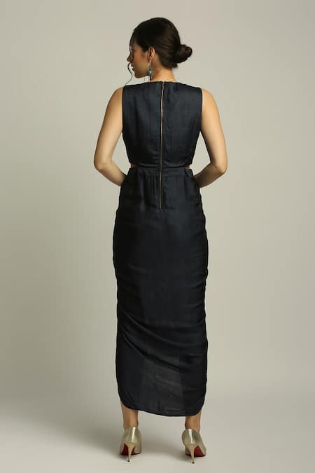 Shop Soup By Sougat Paul Blue Organza, Satin Landscape V Neck Printed Jacket And Draped Dress Set Online at Aza Fashions Shop_Soup By Sougat Paul_Blue Organza, Satin Landscape V Neck Printed Jacket And Draped Dress Set _Online_at_Aza_Fashions