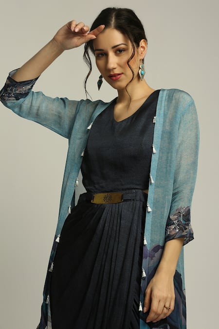 Soup By Sougat Paul Blue Organza, Satin Landscape V Neck Printed Jacket And Draped Dress Set at Aza Fashions Soup By Sougat Paul_Blue Organza, Satin Landscape V Neck Printed Jacket And Draped Dress Set _at_Aza_Fashions