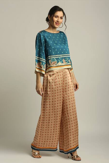Soup By Sougat Paul Blue Satin Linen Floral, Geometric, Orchid Bloom Printed Top And Palazzo Set Online at Aza Fashions Soup By Sougat Paul_Blue Satin Linen Floral, Geometric, Orchid Bloom Printed Top And Palazzo Set _Online_at_Aza_Fashions