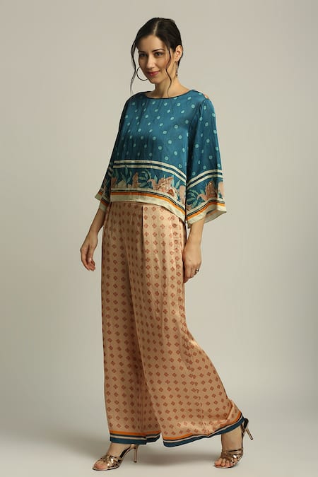 Buy Soup By Sougat Paul Blue Satin Linen Floral, Geometric, Orchid Bloom Printed Top And Palazzo Set Online at Aza Fashions Buy_Soup By Sougat Paul_Blue Satin Linen Floral, Geometric, Orchid Bloom Printed Top And Palazzo Set _Online_at_Aza_Fashions