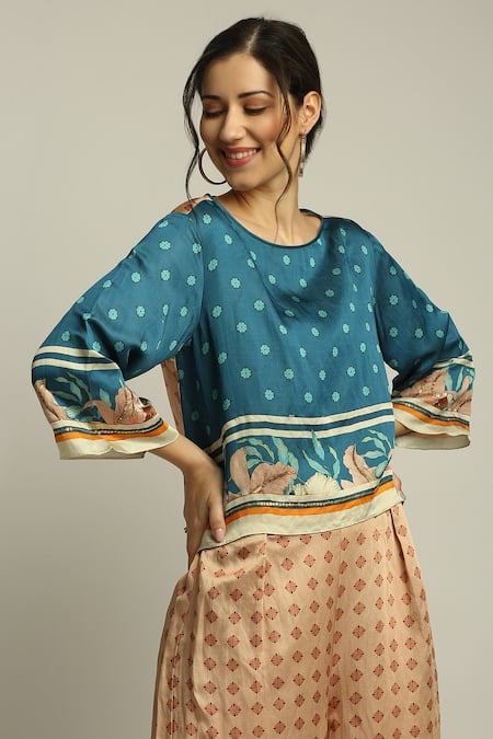 Shop Soup By Sougat Paul Blue Satin Linen Floral, Geometric, Orchid Bloom Printed Top And Palazzo Set Online at Aza Fashions Shop_Soup By Sougat Paul_Blue Satin Linen Floral, Geometric, Orchid Bloom Printed Top And Palazzo Set _Online_at_Aza_Fashions