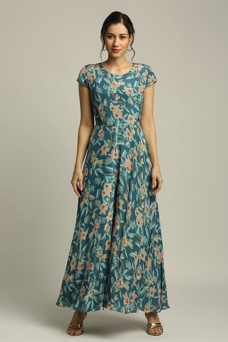 Soup By Sougat Paul_Blue Crepe Floral, Sequins V Neck Printed Angrakha Jacket And Jumpsuit Set _Online_at_Aza_Fashions